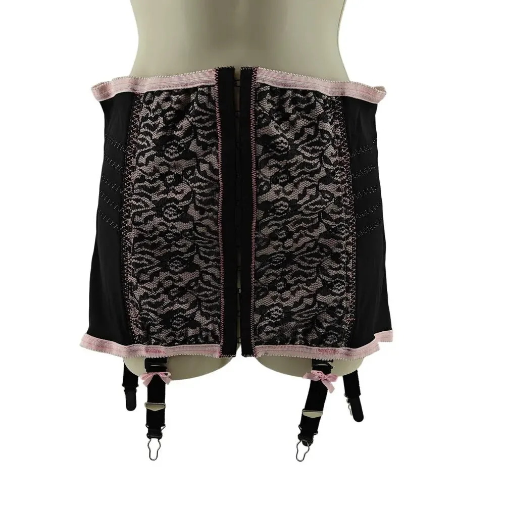 Vintage Torrid Black Lace Baby Pink Waist Cincher with Detachable Garter Plus 1X